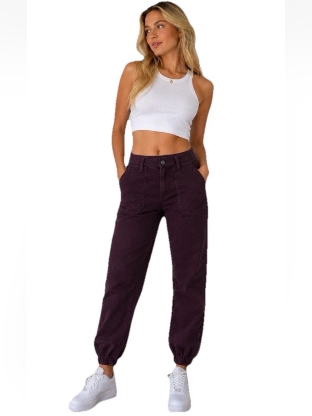 Paige Mayslie Maroon Jogger Denim Streetwear Pants Casual Size 26 Ankle Zip